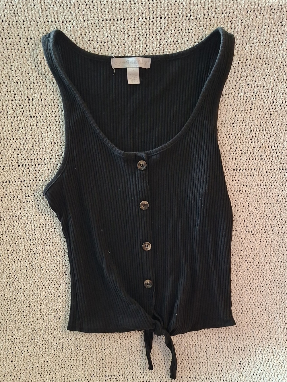 Ribbed Button-Front Tie Hem Tank Top - Black
